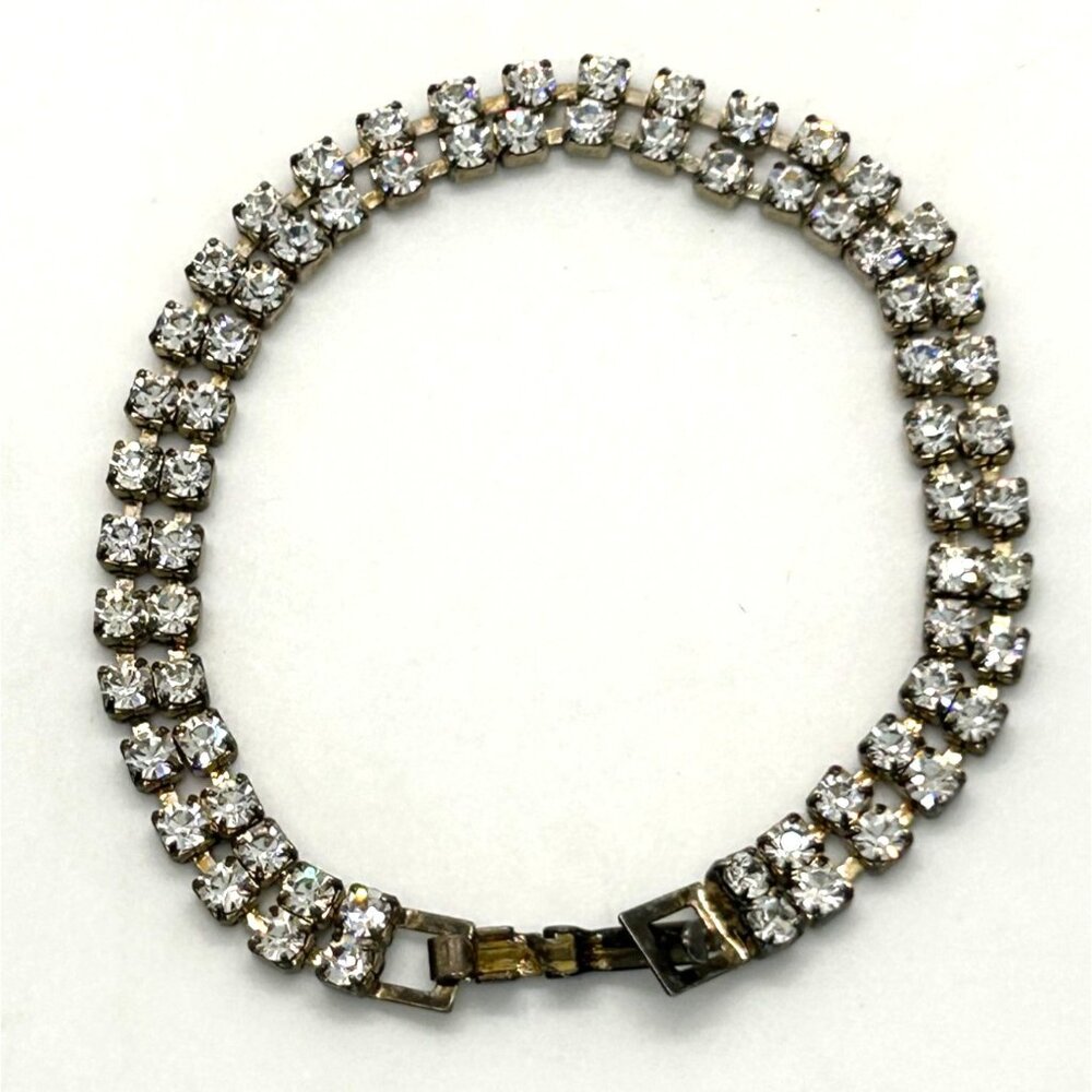 Vintage 2 Strand Rhinestone Bracelet With Fold Over Clasp - Picture 1 of 12